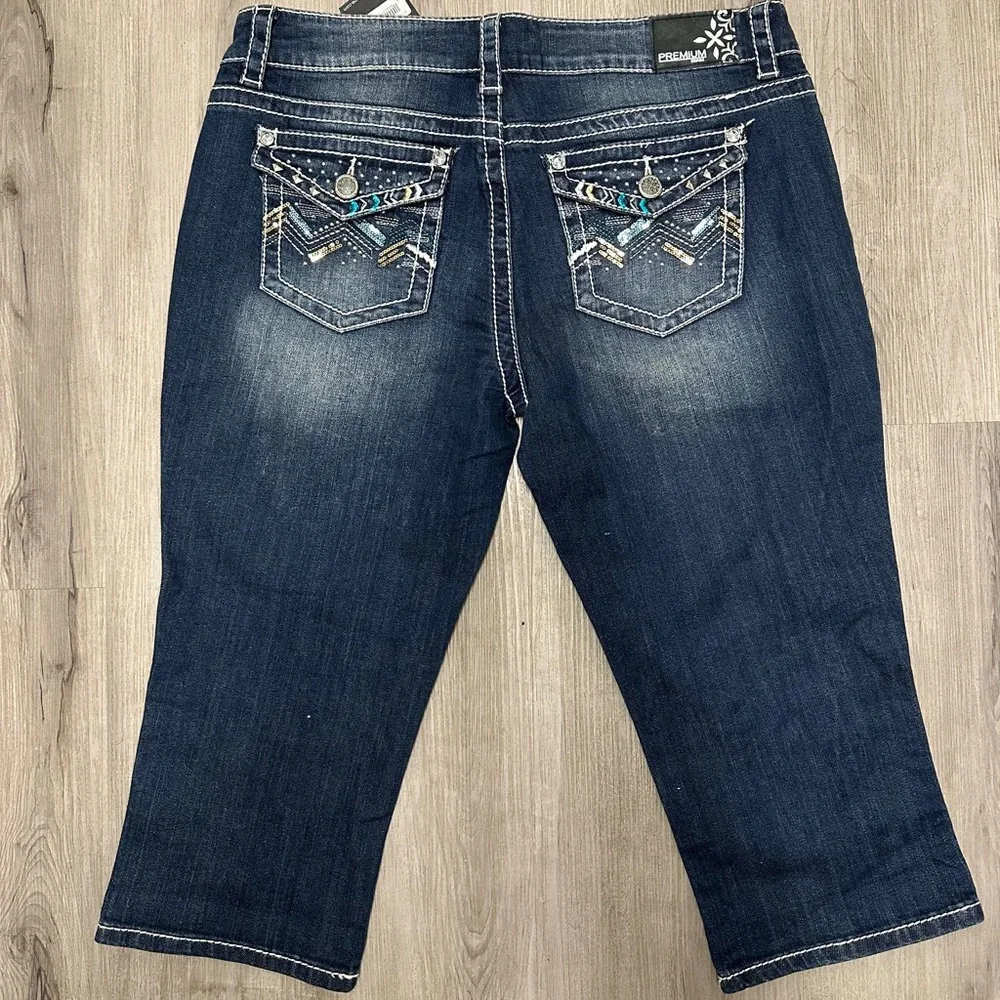 Warehouse Premium Denim Dark Blue Slim Embellished Denim Capris 14 - Picture 2 of 10